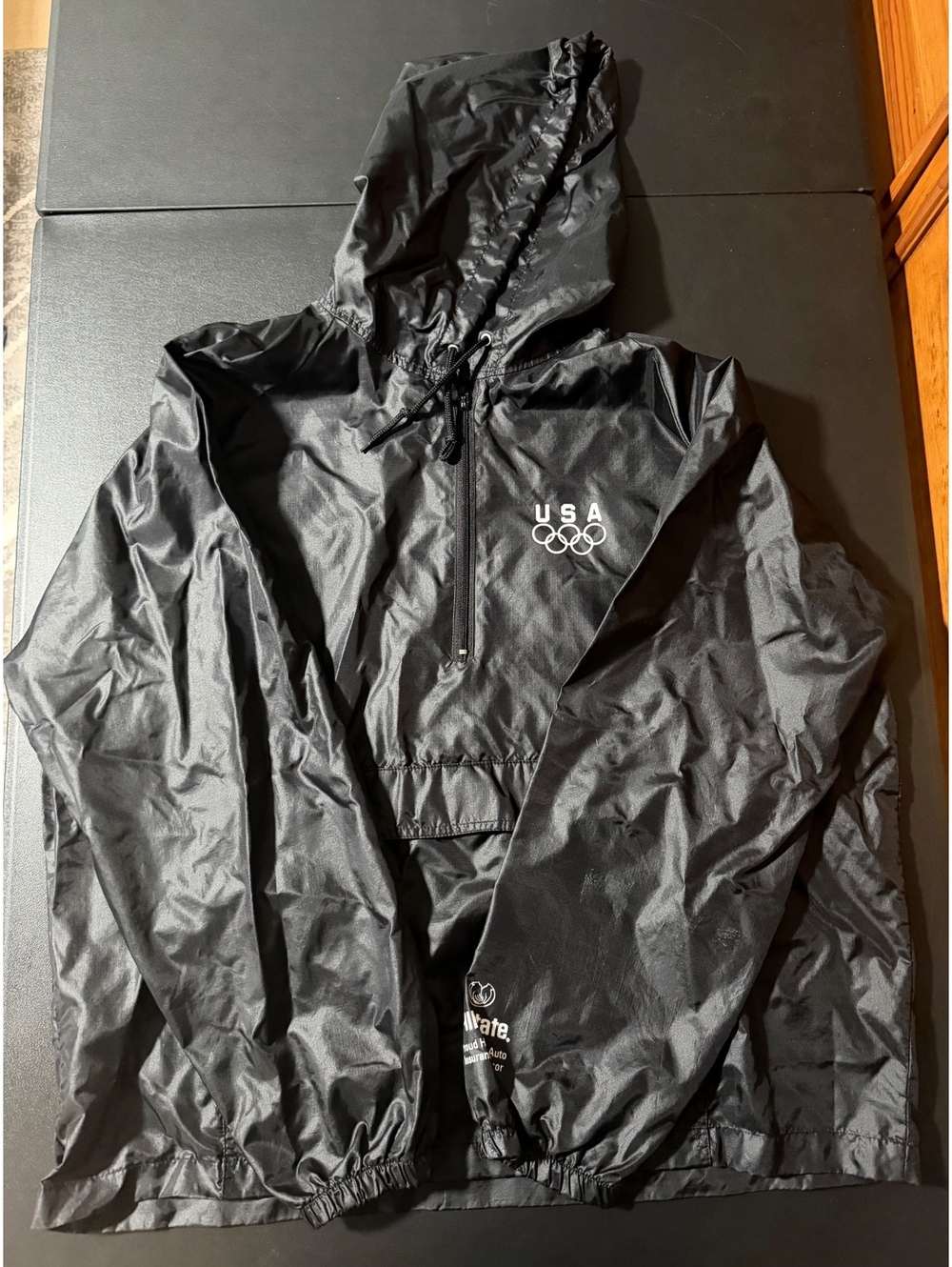 USA Olympics Lightweight Hooded Half-Zip Windbreaker Pullover XL Black Nylon